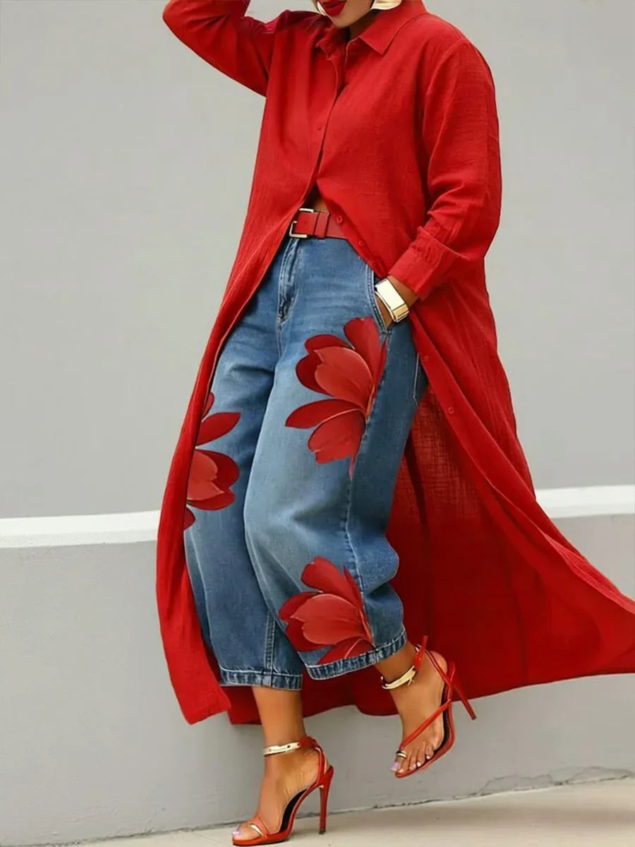 Analie | Hemdkleid mit Blumenjeans-Set