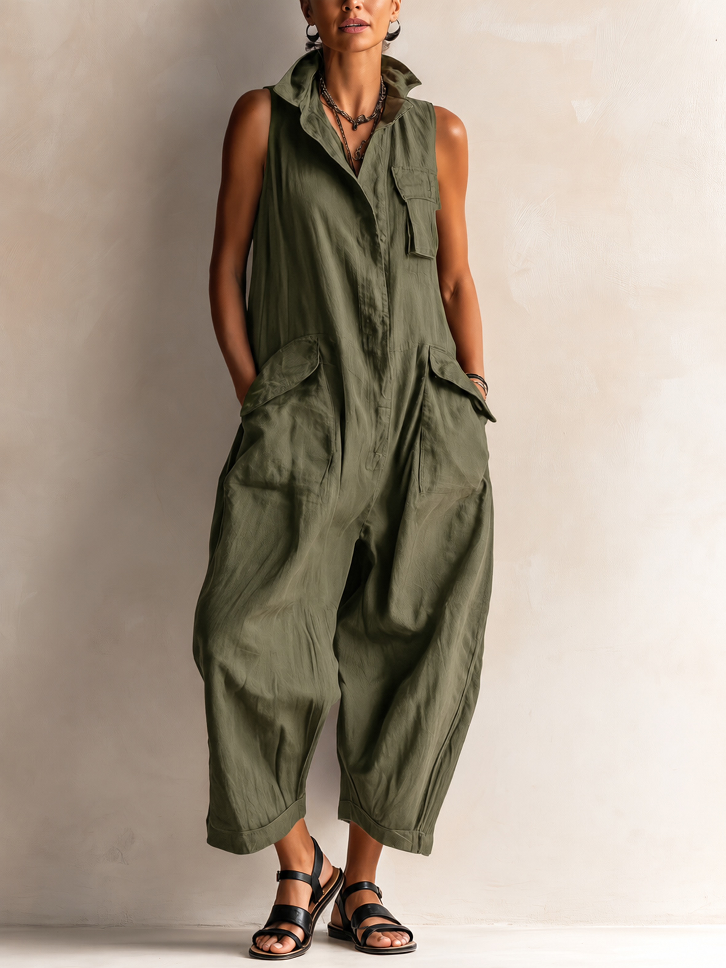 Zaria | Ärmelloser Utility-Jumpsuit mit weitem Bein" could be rewritten as: "Zaria | Ärmelloser Utility-Jumpsuit mit weitem Schnitt