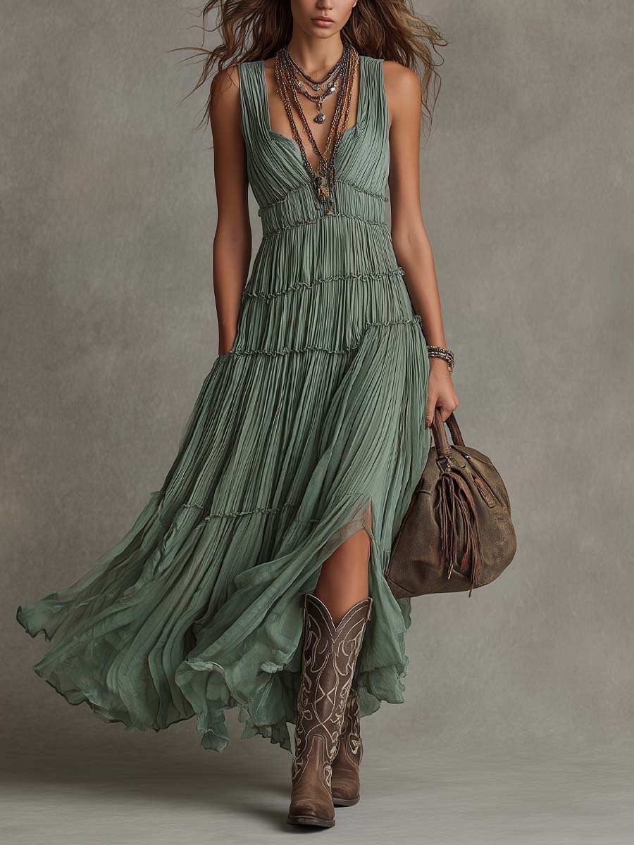 Camille | Bohemian Pleated Maxi Dress