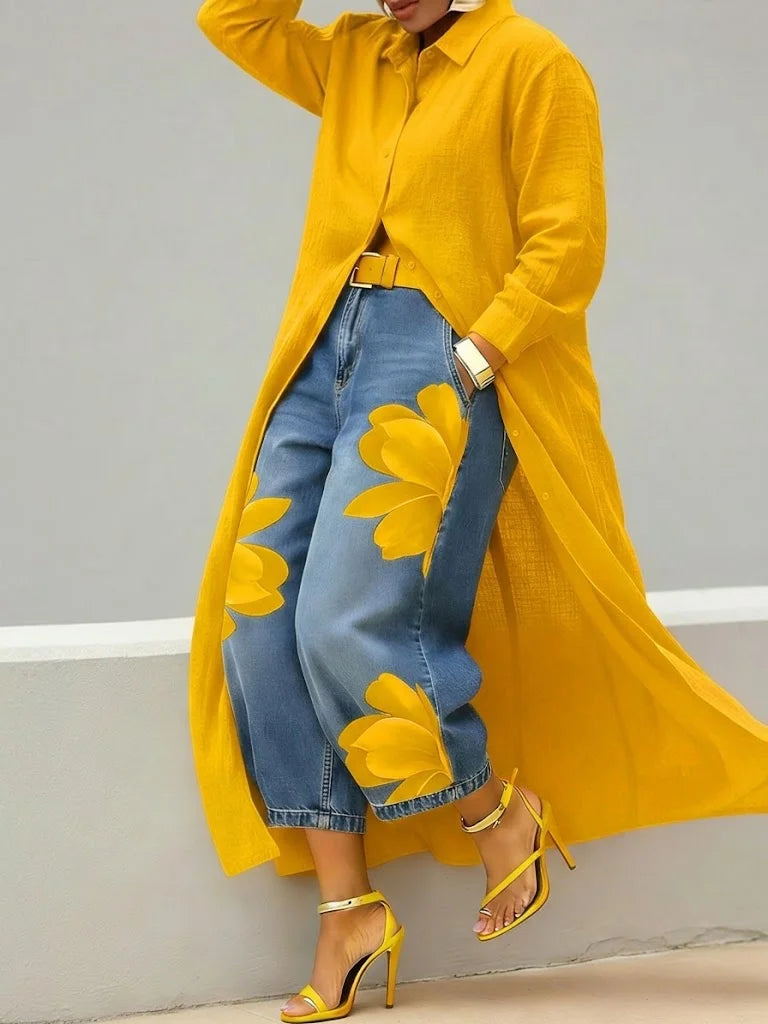 Analie | Hemdkleid mit Blumenjeans-Set