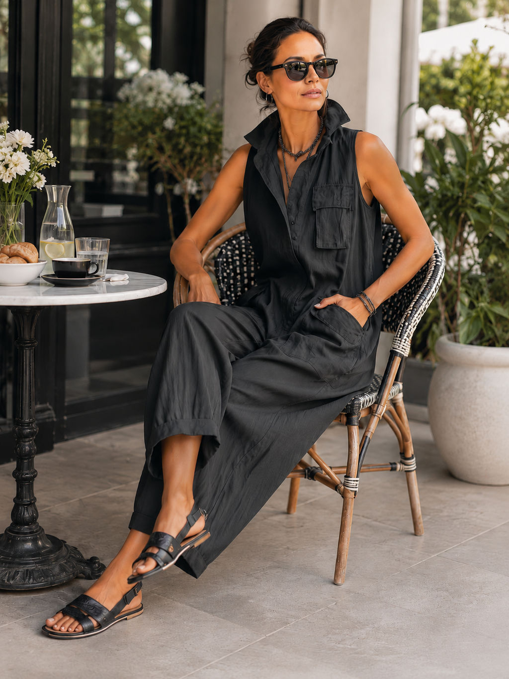 Zaria | Ärmelloser Utility-Jumpsuit mit weitem Bein" could be rewritten as: "Zaria | Ärmelloser Utility-Jumpsuit mit weitem Schnitt