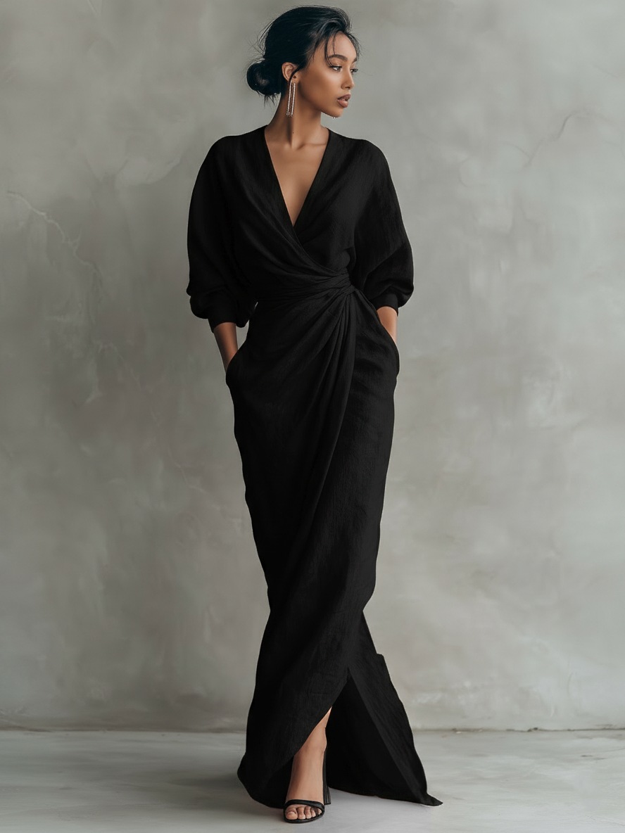 Ivette | Leinen Maxikleid mit fließendem V-Ausschnitt