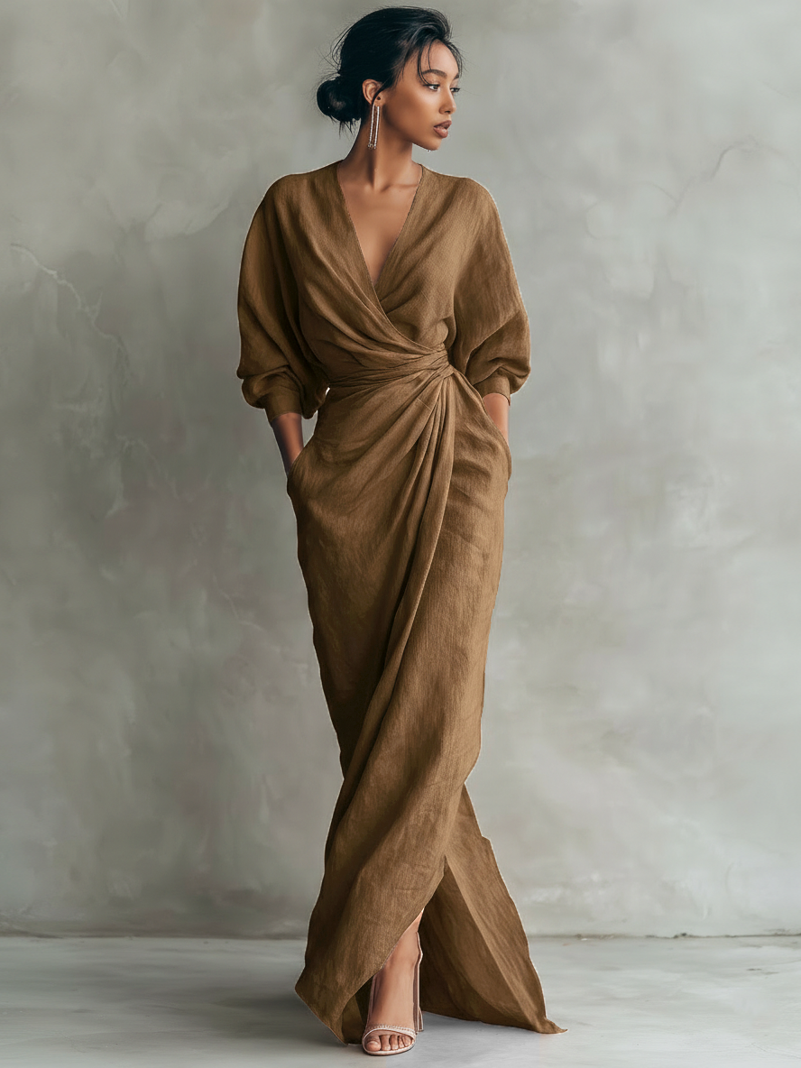 Ivette | Leinen Maxikleid mit fließendem V-Ausschnitt