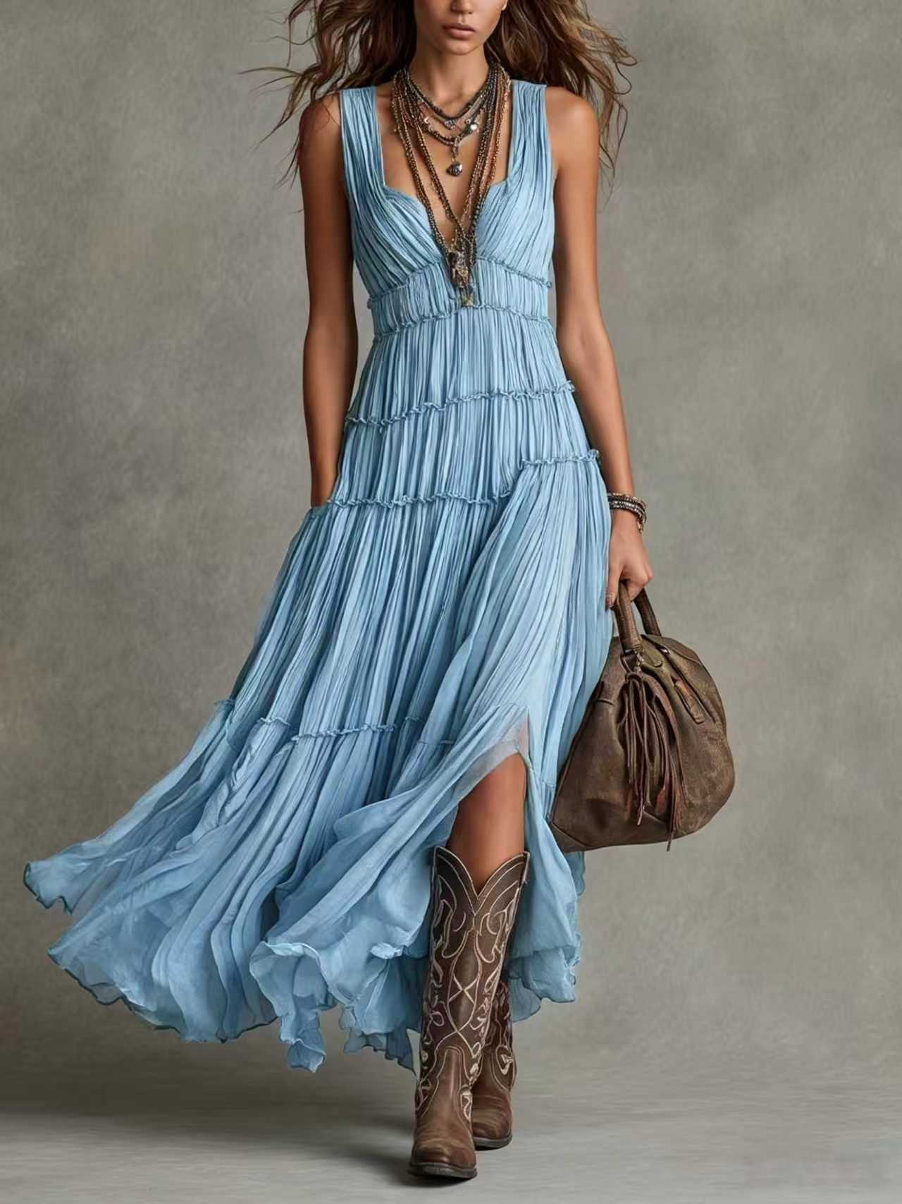 Camille | Bohemian Pleated Maxi Dress
