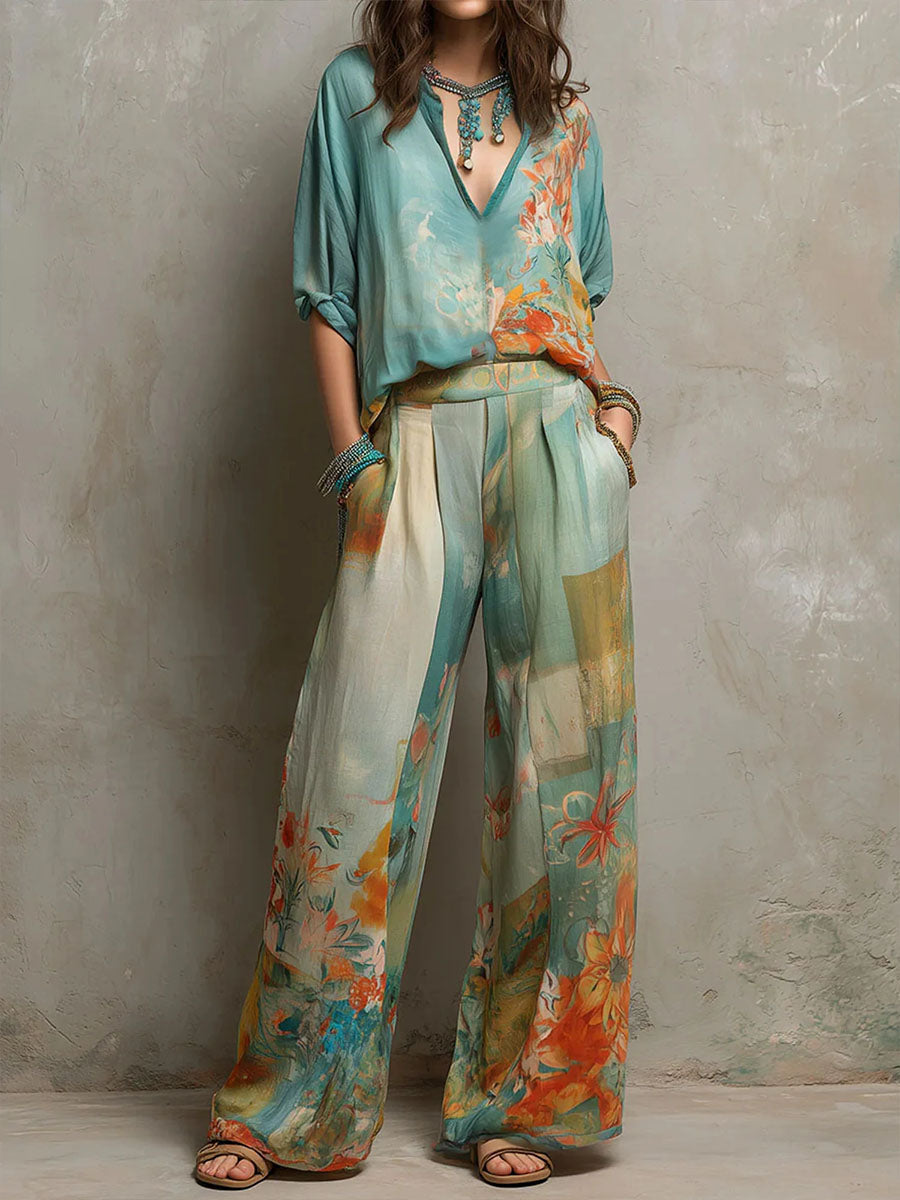 Chiara | Blumen-Hosen-Set mit weitem Bein