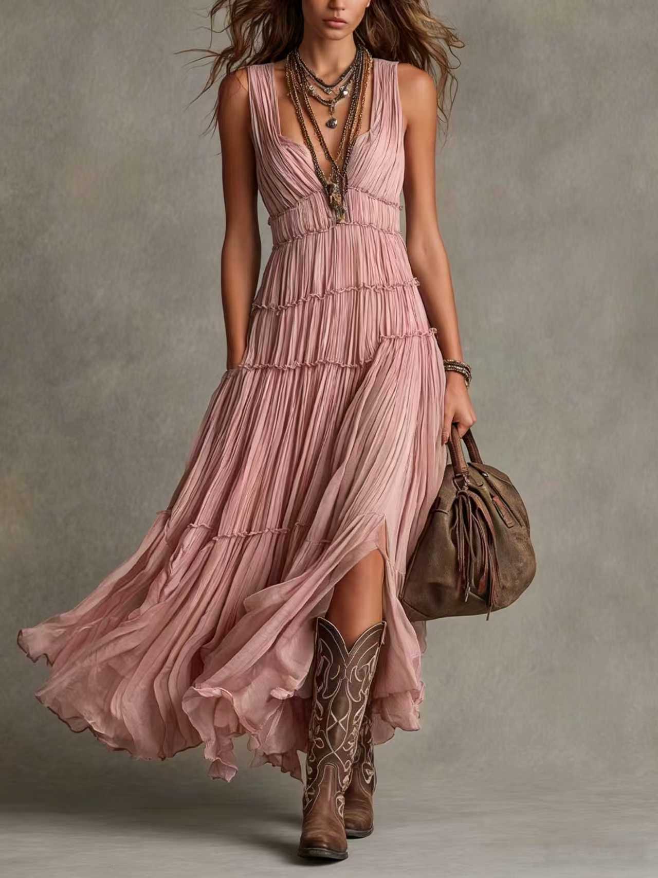 Camille | Bohemian Pleated Maxi Dress