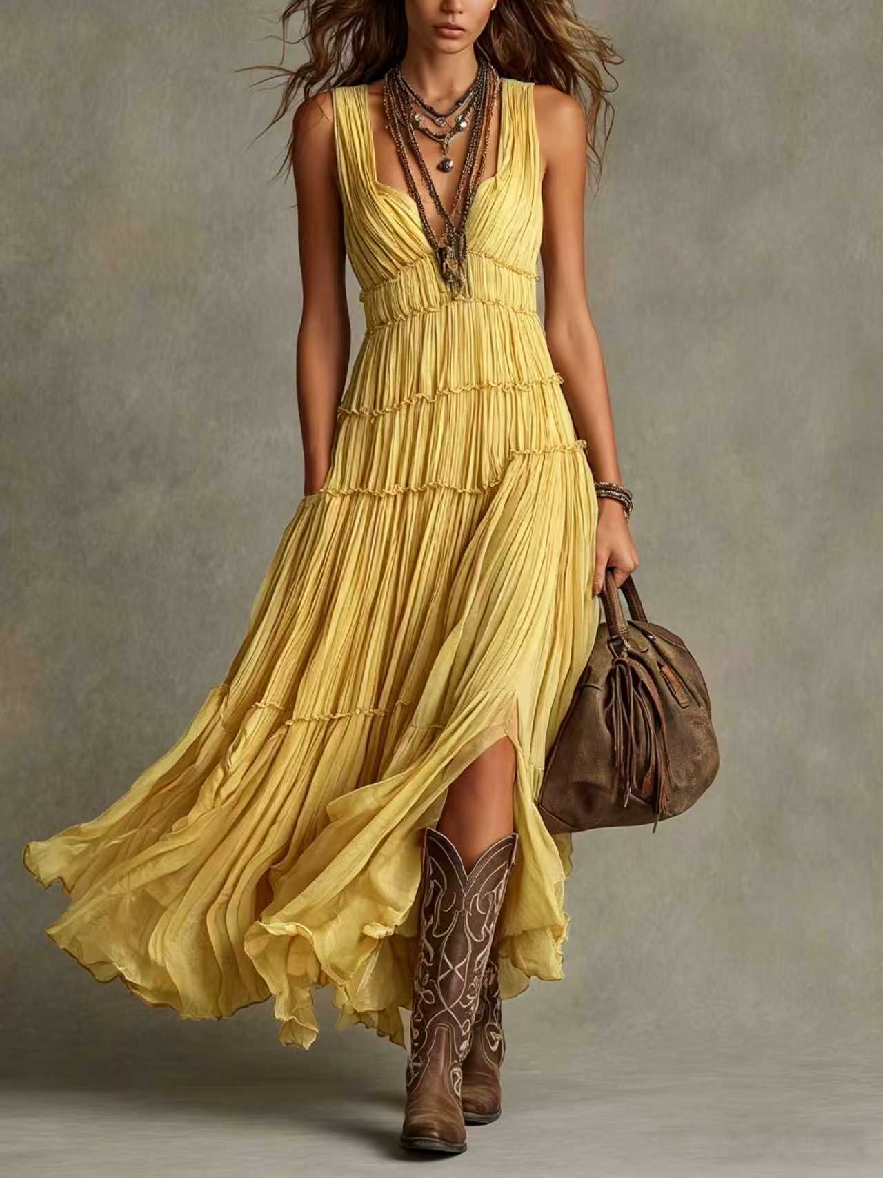 Camille | Bohemian Pleated Maxi Dress